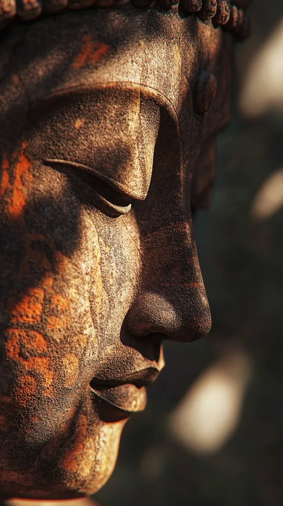 Close-up view of a weathered stone Buddha statue.  The focus is on the serene face, eyes closed in peaceful contemplation.  The texture of the stone is rough, with a patina of age, showing rich browns and orange hues.  Sunlight casts dappled shadows across the features, highlighting the detail and depth. The background is blurred, drawing attention to the statue's tranquil expression.  The image evokes a sense of peace and spiritual contemplation.