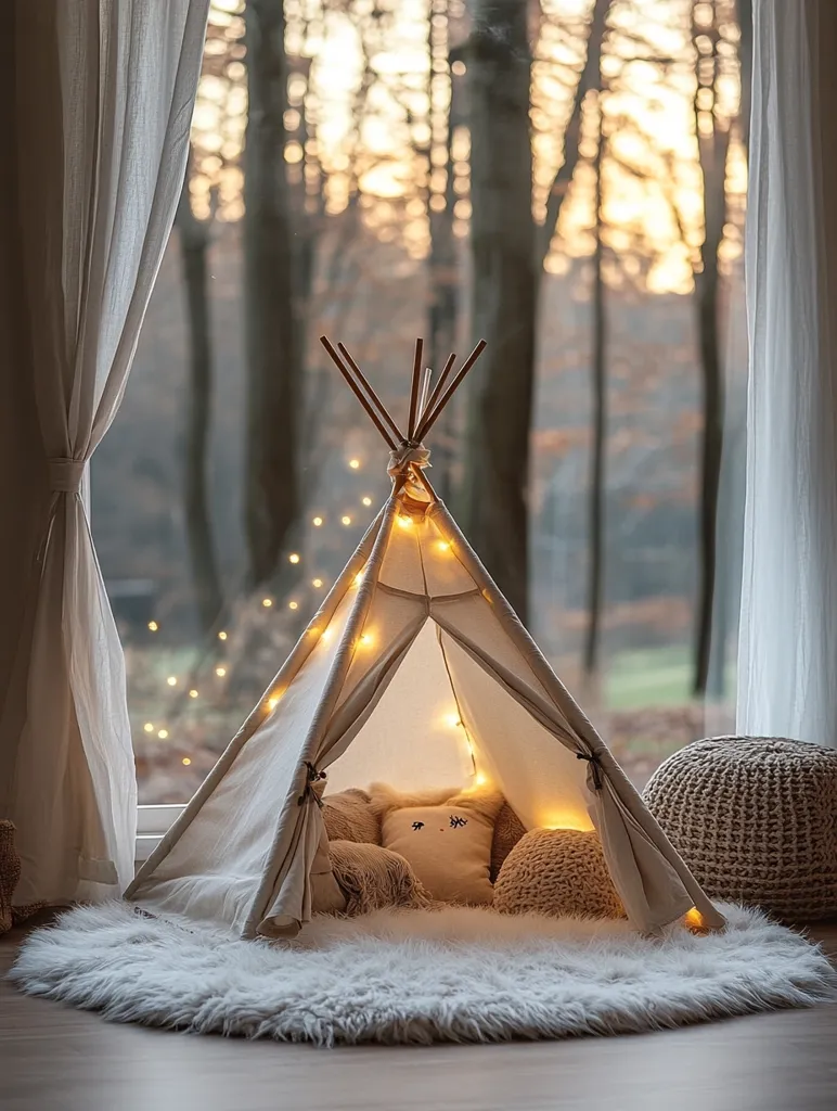 A cozy children's teepee sits on a fluffy white rug in front of a large window overlooking a sun-dappled forest.  String lights illuminate the inside of the tent, which is furnished with soft pillows and throws.  A woven ottoman sits nearby, adding to the calming, nature-inspired ambiance of the scene. The overall feeling is one of peaceful warmth and tranquility.