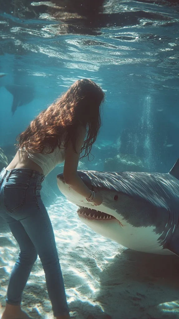 Underwater, a young woman with long brown hair, wearing jeans and a white top, gently touches a large shark's snout.  The shark, a light grey with visible teeth, appears calm.  The scene is serene, the water clear, revealing a sandy seabed. Sunlight filters from above, creating dappled light on the ocean floor. The interaction between the woman and the shark is peaceful and captivating.