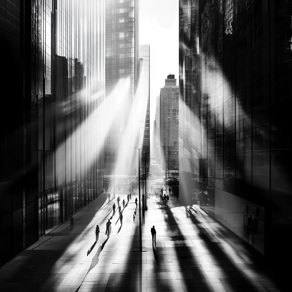 Here's a description of the image:

A black and white photograph captures a dramatic cityscape scene.  Sunlight streams between tall, modern buildings, creating striking, radiant lines across a pedestrian walkway.  Small, silhouetted figures of people walk along the path, their shadows elongated by the strong light. The buildings' glass facades reflect and refract the light, adding to the ethereal, almost cinematic quality. The overall mood is one of stark beauty, highlighting the contrast between the human scale and the imposing architecture.