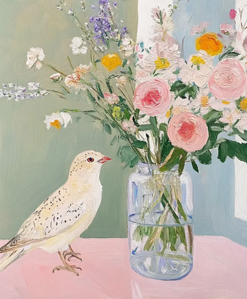 Here's a description of the image:

The painting depicts a pale, speckled bird standing on a pink surface, gazing at a glass vase filled with a vibrant bouquet of flowers. The flowers are a mix of pinks, whites, and yellows, including roses and daisies, creating a lively, colorful contrast against the muted background. The bird is rendered with delicate detail, its plumage shown with small, dark spots on a light body.  The overall style is painterly, using visible brushstrokes to add texture and movement to both the bird and the floral arrangement. The background is a soft, green-blue, providing a calming backdrop to the central scene.  The scene is reminiscent of a still life, suggesting tranquility and observation.