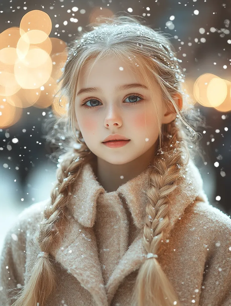 Here's a description of the image:

A young girl with long, blonde hair styled in two braids stands against a softly blurred background of falling snow and warm-toned bokeh lights.  She wears a light beige coat, and her hair is lightly dusted with snow. Her expression is serene and her cheeks have a rosy tint, suggesting a cold, but pleasant winter day. The overall mood is peaceful and evokes a sense of winter magic.