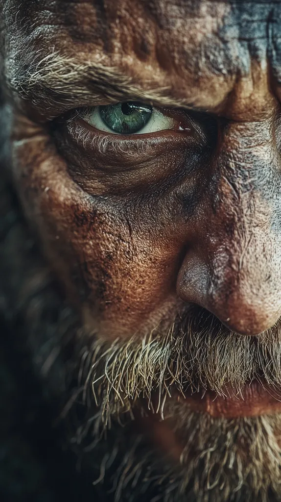 Close-up of a weathered, older man's face. His skin is deeply lined and textured, showing signs of age and possibly hardship.  A stern, intense gaze emanates from his piercing green eye.  His graying beard and mustache are thick and unkempt. The overall impression is one of ruggedness and strength, hinting at a life lived fully, perhaps in a harsh environment.  Dirt or grime is visible on his face, adding to the grizzled effect.