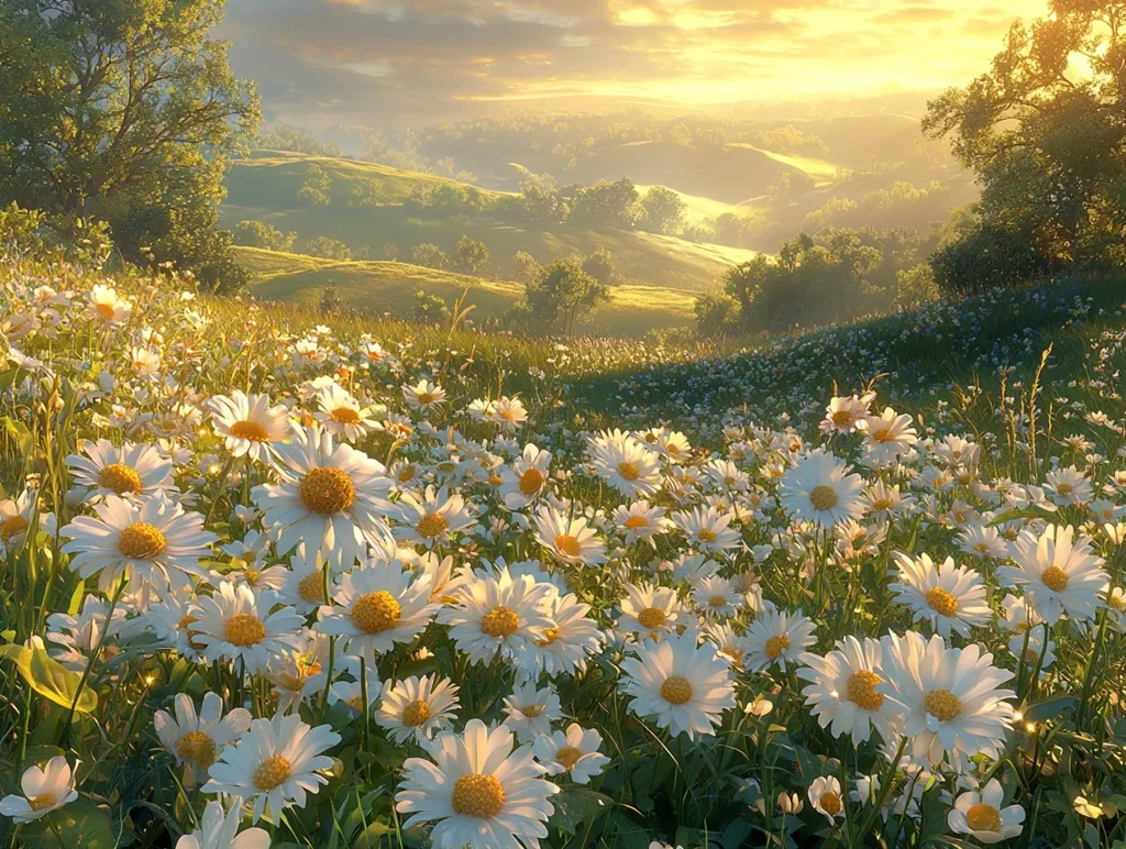 A breathtaking panorama unfolds, bathed in the golden light of a setting sun. Rolling green hills stretch into the distance, dotted with trees and shrubs. In the foreground, a vibrant field of daisies blankets the land, their white petals catching the sunlight. The scene is serene and idyllic, evoking a sense of peace and tranquility.  The overall impression is one of idyllic beauty, captured in a digitally enhanced, almost dreamlike, style.