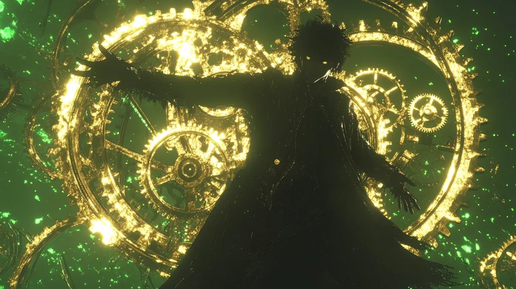 The image shows a shadowy figure, possibly a man, silhouetted against a backdrop of glowing golden gears. The gears form a complex, circular pattern, suggesting a clockwork or mechanical mechanism. The background is a deep green, speckled with smaller glowing particles. The figure’s arms are outstretched, giving a sense of power or control over the mechanical elements. The overall aesthetic is dark, mysterious, and slightly ominous, with a blend of fantasy and steampunk elements.