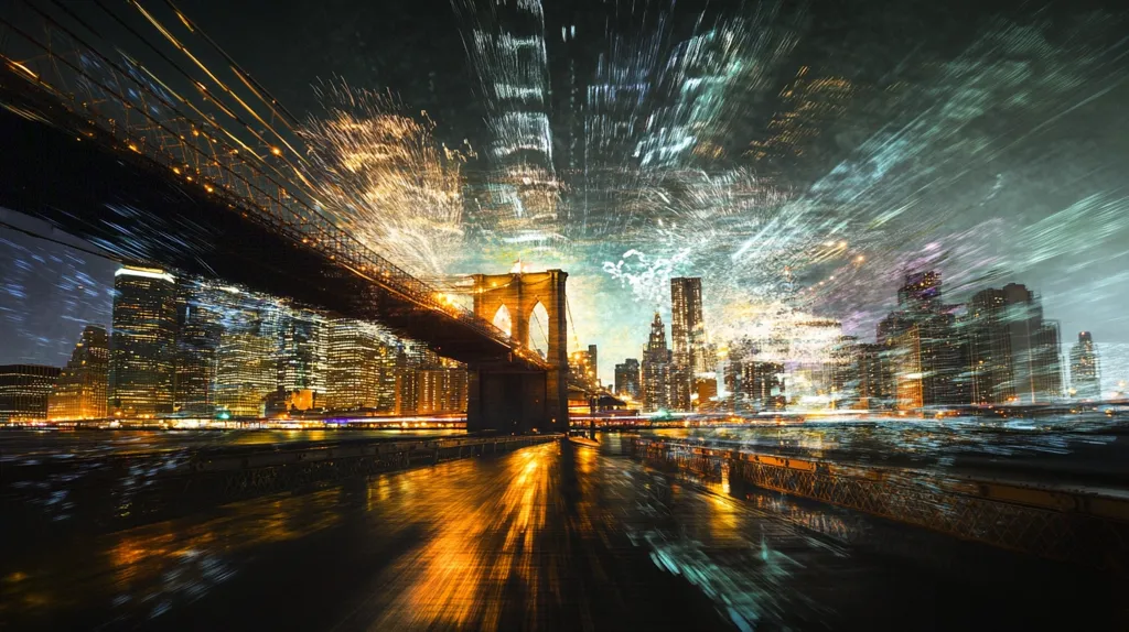 Here's a description of the image:

The image is a dynamic, stylized depiction of the Brooklyn Bridge at night, with the Manhattan skyline in the background. The scene is overlaid with streaks of light and color, creating a sense of motion and energy.  The bridge is sharply defined, contrasting with the blurred, almost abstract representation of the city and sky.  The overall effect is vibrant and suggestive of the fast-paced energy of New York City. The colors are rich and varied, with warm golds and oranges from the city lights contrasting against cooler blues and greens in the sky effects.