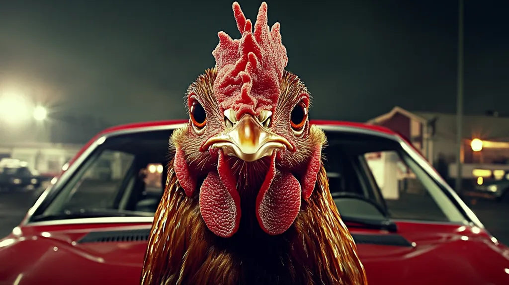 Here's a description of the image:

Close-up view of a rooster's face, filling most of the frame.  The rooster is in sharp focus, its bright red comb and wattles contrasting with its brown feathers.  Its intense gaze is directed straight at the viewer. The rooster is positioned in front of a classic, red sports car parked in what seems to be a nighttime parking lot. Blurred lights from street lamps and buildings are visible in the background, creating a slightly surreal and humorous juxtaposition.