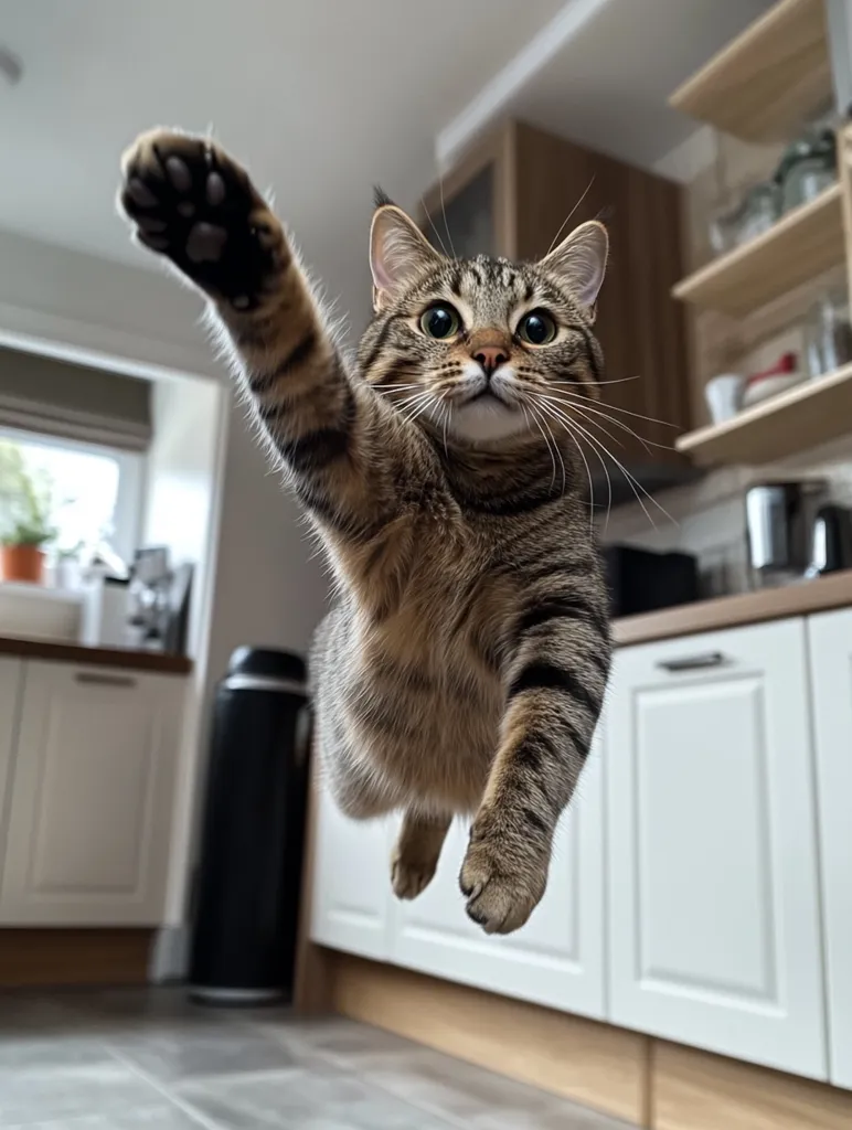 Here's a description of the image:

A playful tabby cat is captured mid-leap, its front paw extended towards the camera in a seemingly affectionate gesture.  The cat's expression is alert and engaging, its large eyes wide.  The background is a modern, light-colored kitchen, with white cabinets and wooden accents. The cat's body is slightly blurred, indicating movement, adding to the dynamic feel of the image. The overall mood is lighthearted and fun.