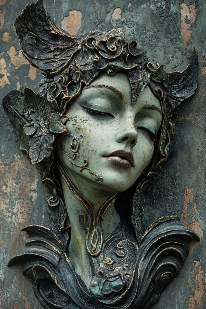 A striking bas-relief sculpture depicts a serene woman, her eyes closed in peaceful repose.  Intricate, dark-toned metalwork forms an ornate headpiece and neckline, adorned with floral and leaf motifs, contrasting with the pale green of her face. The textured background suggests age and weathering, enhancing the piece's ethereal, possibly mystical, quality. The overall style is evocative of Art Nouveau and fantasy art.