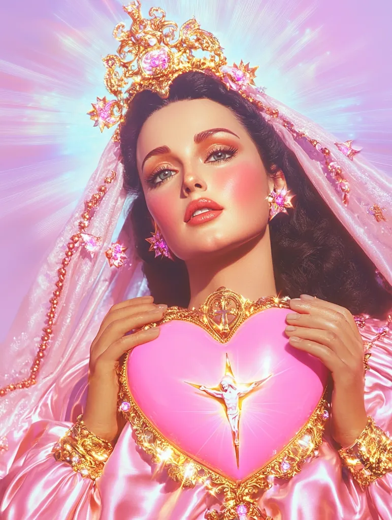 A stylized image depicts a woman, reminiscent of the Virgin Mary, adorned in a pink satin robe, ornate gold crown and veil.  She holds a large, pink, heart-shaped locket with a gold filigree frame featuring a small crucifix. The overall aesthetic is vibrant and hyper-saturated, with a dreamy, ethereal quality enhanced by a radiant background. The woman's makeup is bold, and her expression is serene. The image blends religious iconography with a modern, playful sensibility.