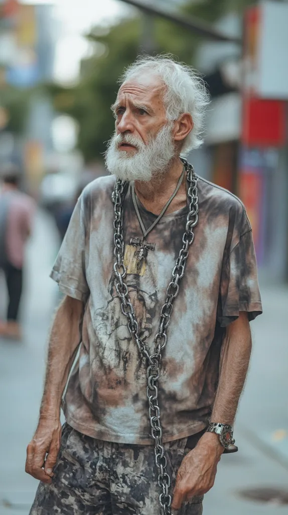 Here's a description of the image:

An elderly, weathered man with long white hair and a full beard stands outdoors, possibly on a city street. He wears a loose, tie-dyed, light brown and beige t-shirt with a graphic design and camouflage-patterned shorts.  Around his neck hangs a long, heavy metal chain, adding to his rugged appearance. He's wearing a watch on his left wrist. His gaze is directed slightly upward and to his right, suggesting contemplation or observation of his surroundings. The background is blurred, indicating a shallow depth of field, focusing attention on the man. The overall impression is one of a person who has lived a hard life.