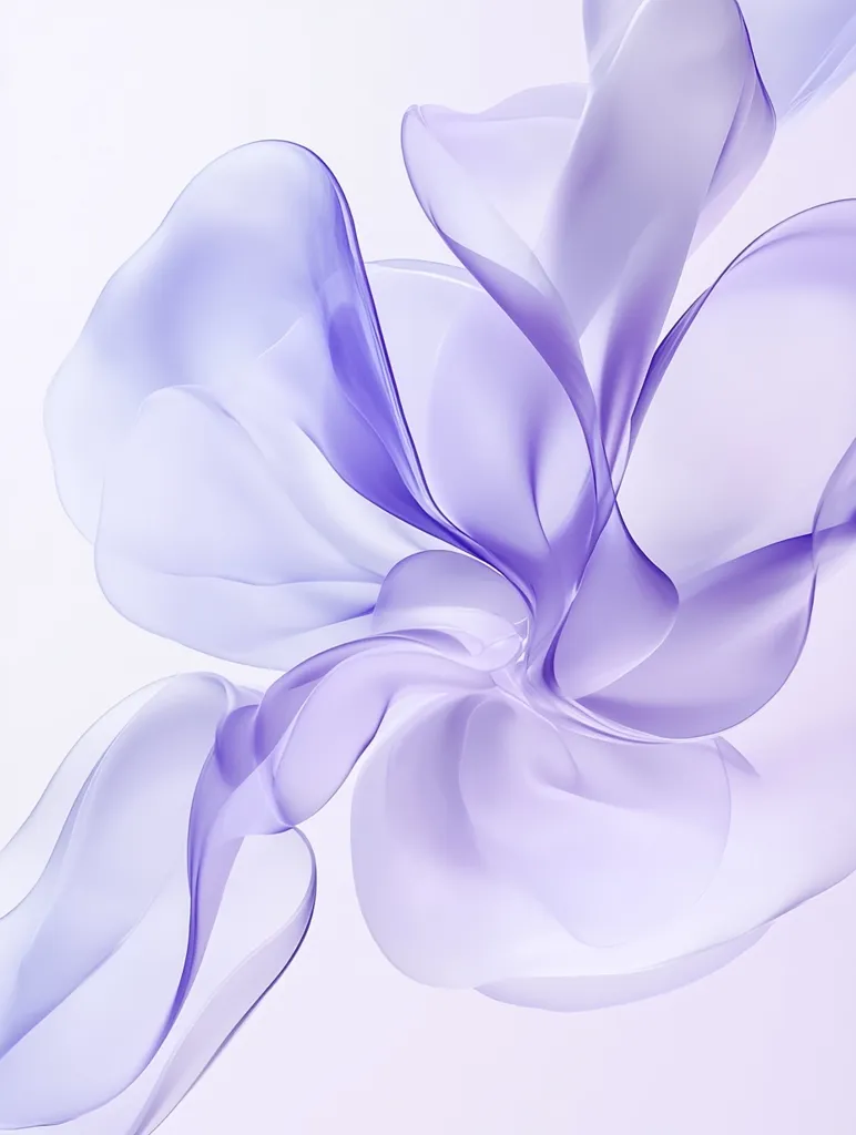 The image showcases an abstract, flowing form resembling a translucent, lavender-hued flower.  Soft, overlapping layers create a sense of movement and lightness. The petals are not sharply defined, but rather blend and morph into each other, giving an ethereal and dreamy quality. The overall effect is serene and elegant, with a delicate color palette against a light background.