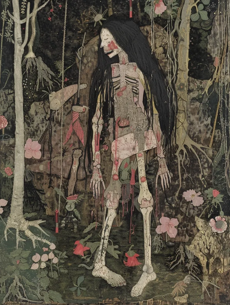 The artwork depicts a skeletal, decaying female figure with long dark hair, standing amidst a lush, dark forest. Her body is partially decomposed, revealing bones and internal organs, with red drips suggesting blood. The background is a dense tapestry of plants, flowers, roots, and trees, painted in muted greens, browns, and reds. The overall mood is one of macabre beauty and unsettling stillness, hinting at themes of death, decay, and the natural world.  The style is reminiscent of dark fantasy or symbolic art.