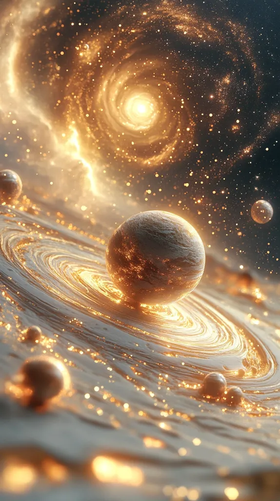 A digitally created image depicts a celestial scene dominated by warm gold and orange hues. A large, glowing planet, seemingly made of metallic gold, rests within a swirling, golden nebula. Smaller, similarly hued planets orbit nearby, scattered across the cosmic expanse. The background features a vibrant spiral galaxy, its radiant core emitting a bright, warm light. The overall effect is one of ethereal beauty and cosmic wonder, with the image feeling both fantastical and serene.