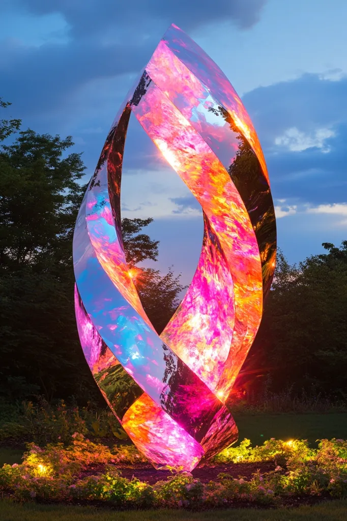 A large, modern sculpture dominates the scene.  Its form resembles a flame or abstract swirling ribbons, crafted from polished metal reflecting vibrant hues of pink, orange, and blue, illuminated from within. The sculpture is situated in a lush garden, subtly lit with ground lights that accentuate the surrounding flowers and foliage. The twilight sky provides a dramatic backdrop to the artwork, enhancing its ethereal quality. The overall impression is one of beauty, elegance, and artistic expression.
