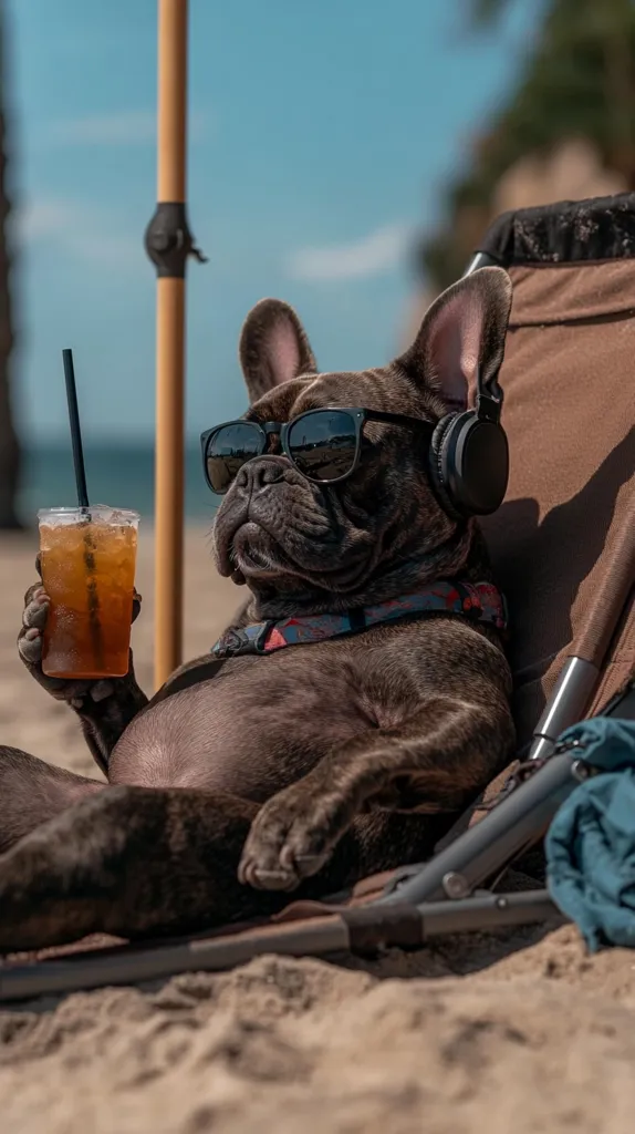 Here's a description of the image:

A stylish brindle French Bulldog lounges in a beach chair, enjoying a sunny day.  The dog wears sunglasses and over-ear headphones, giving it a cool and relaxed vibe. It holds an iced tea in one paw, perfectly embodying a sophisticated beachgoer. The setting is a sandy beach, with a portion of a beach umbrella visible in the background. The overall mood is carefree and humorous, highlighting the dog's nonchalant enjoyment of its leisure time.