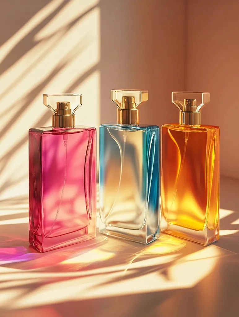 Three elegant perfume bottles stand in a row, bathed in warm sunlight.  The bottles are rectangular with gold-topped atomizers.  The perfume inside is vibrantly colored: a rich pink, a clear teal, and a sunny amber.  The light casts dramatic shadows and highlights the glass's curves, creating a luxurious and inviting aesthetic.  The overall scene is one of simple beauty and sophisticated fragrance.