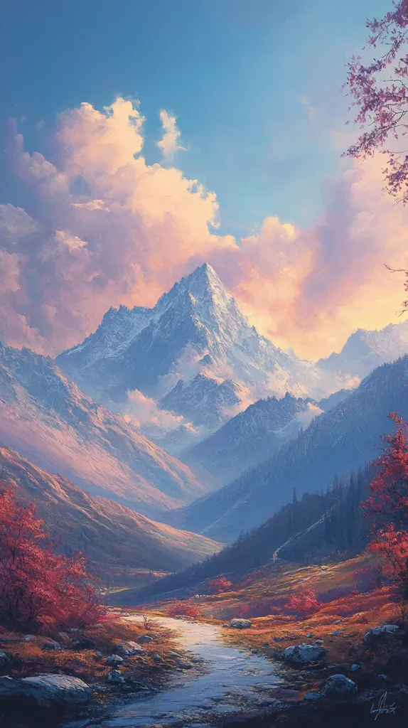 A serene landscape painting depicts a majestic snow-capped mountain range under a pastel-hued sky.  Soft, pink clouds drift across the azure expanse.  A calm stream meanders through a valley below, flanked by autumnal foliage in shades of red and orange.  The scene is peaceful and idyllic, with a hint of magic in the soft light and vibrant colors.  Sparse trees dot the valley floor, leading the eye towards the towering, snow-covered peaks.  The overall impression is one of quiet beauty and tranquil natural splendor.