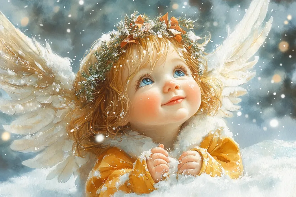 A cherubic toddler, adorned with large, bright blue eyes and rosy cheeks, is depicted as an angel.  She wears a yellow coat, a snowy evergreen wreath, and large, feathery white wings.  Snow falls gently around her as she looks up with a serene expression, her hands clasped together in prayer or contemplation. The image evokes a feeling of warmth, innocence, and winter wonder.