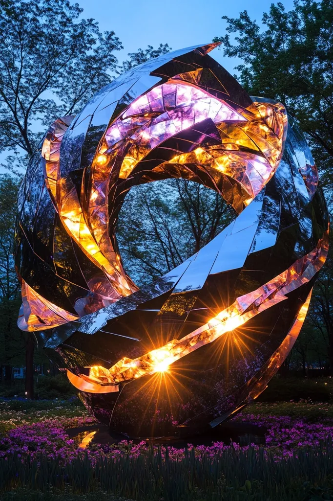 Here's a description of the image:

A large, modern sculpture dominates the scene, its form a swirling, multifaceted sphere of polished metal.  Internal lights illuminate the sculpture from within, creating a radiant, warm glow that contrasts with the cool twilight sky.  The reflective surface captures the surrounding environment, blurring the trees and sky. Purple flowers frame the base of the artwork, adding a touch of vibrant color to the night setting. The overall effect is one of dramatic beauty and ethereal elegance.