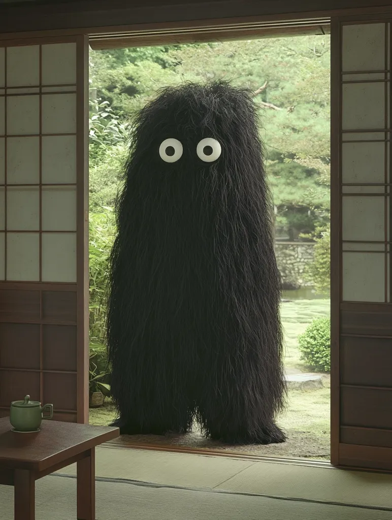A large, black, furry creature with two large, white eyes stands in a doorway.  It's silhouetted against a tranquil Japanese garden visible through a sliding shoji screen door.  The creature appears somewhat whimsical, its texture shaggy and its expression neutral.  The setting is serene and peaceful, suggesting a juxtaposition of the ordinary and the fantastical.  A small, dark green teapot sits on a low table in the foreground, adding to the calm atmosphere of the scene.