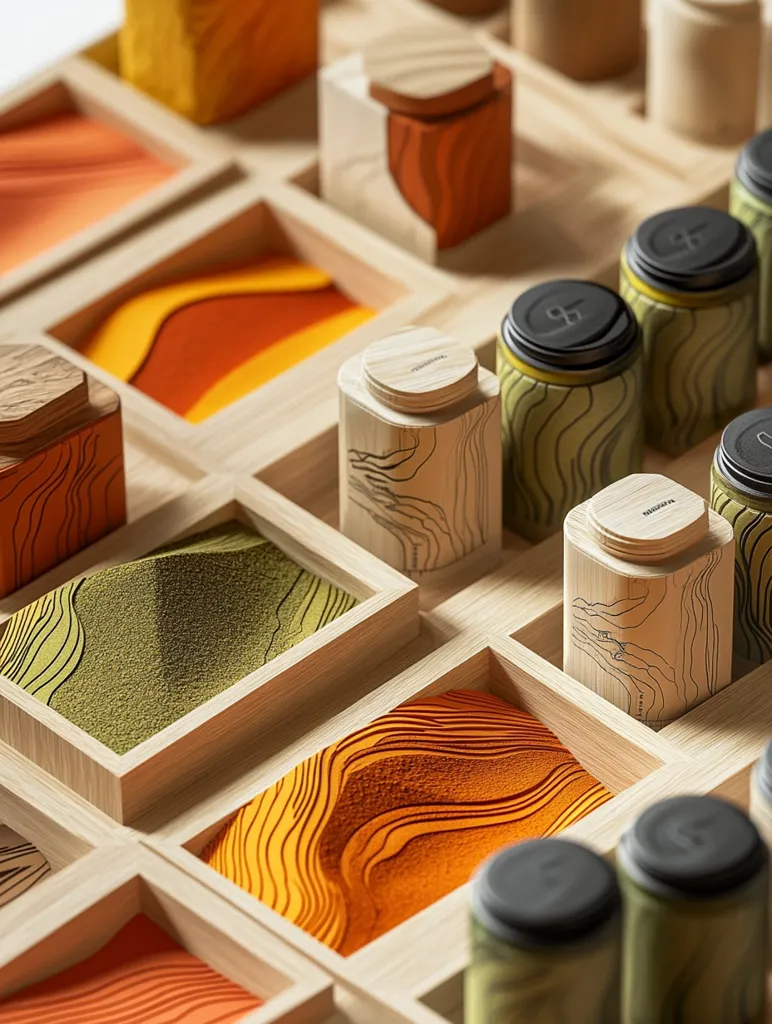 A close-up shot reveals a meticulously arranged wooden grid filled with compartments.  Each compartment holds either a small, cylindrical wooden container with a black lid, featuring engraved lines mimicking topography, or textured sand in shades of orange and green, also with etched line patterns. The overall aesthetic is minimalist and sophisticated, suggesting a display of high-quality, possibly artisanal, products. The light wooden grid provides a neutral backdrop that emphasizes the vibrant colors and textures of the contents.