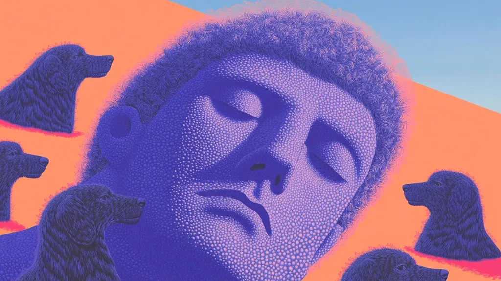 Here is a description of the image:

The artwork presents a stylized portrait of a sleeping man's face, rendered in shades of purple, textured to resemble tiny dots.  His eyes are closed, and his expression is serene.  Surrounding his head are several dark purple dogs, also stippled in a similar texture, their heads visible but bodies largely obscured.  The background is a vibrant coral-orange, contrasting with the cool tones of the figure and dogs. The overall style is reminiscent of pointillism, creating a textured and slightly surreal effect.