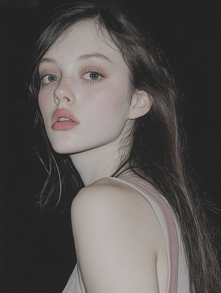 Here's a description of the image:

Close-up portrait of a young woman with long, dark brown hair that falls past her shoulders. Her skin is pale, almost porcelain-like, with subtle freckles visible on her cheeks.  She has large, expressive eyes, and her lips are painted a soft, muted pink. She's wearing a light beige or off-white tank top with thin, dusty rose straps. The background is dark and out of focus, drawing attention to the subject. The overall mood is serene and slightly melancholic, with a soft, dreamy quality. The image's style suggests a fashion or artistic photographic approach.