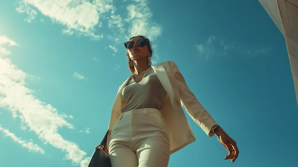 Here is a description of the image:

Low-angle view of a stylish woman looking up at the sky. She's wearing a cream-colored pantsuit, a light gray top, and sunglasses. Her accessories include gold necklaces and a bracelet.  The background is a vibrant blue sky with fluffy white clouds, creating a striking contrast against her outfit. She carries a dark-colored handbag, and a portion of a building's edge is visible in the upper right corner. The overall mood is one of confidence and sophistication.