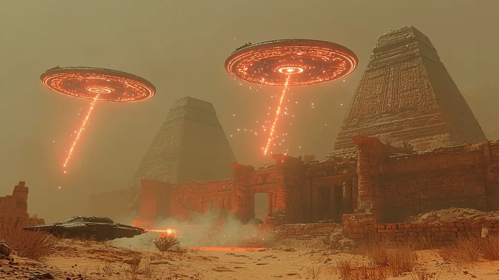 The image depicts a desolate, sandy landscape dominated by the ruins of ancient, pyramid-like structures.  Two large, disc-shaped UFOs hover above, emitting intense beams of orange light that strike the ground near the ruins.  A smaller, dark craft sits near the base of the pyramids.  The overall atmosphere is hazy and otherworldly, suggesting an encounter between extraterrestrial beings and an ancient civilization.  The color palette is dominated by oranges, browns, and muted yellows, enhancing the scene's sense of mystery and desolation.