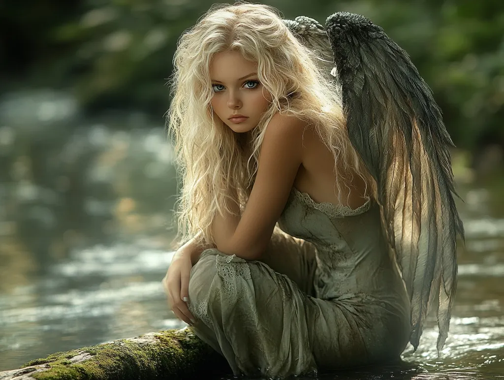 A young woman with long, blonde, wavy hair sits by a stream.  She wears a flowing, mud-splattered, light-grey dress and large, dark grey artificial wings.  Her expression is serious and her gaze is directed at the viewer. The background is blurred, showcasing a natural, lush green environment.  The overall mood is ethereal and mysterious.  The image appears to be a stylized portrait, possibly fantasy-themed.