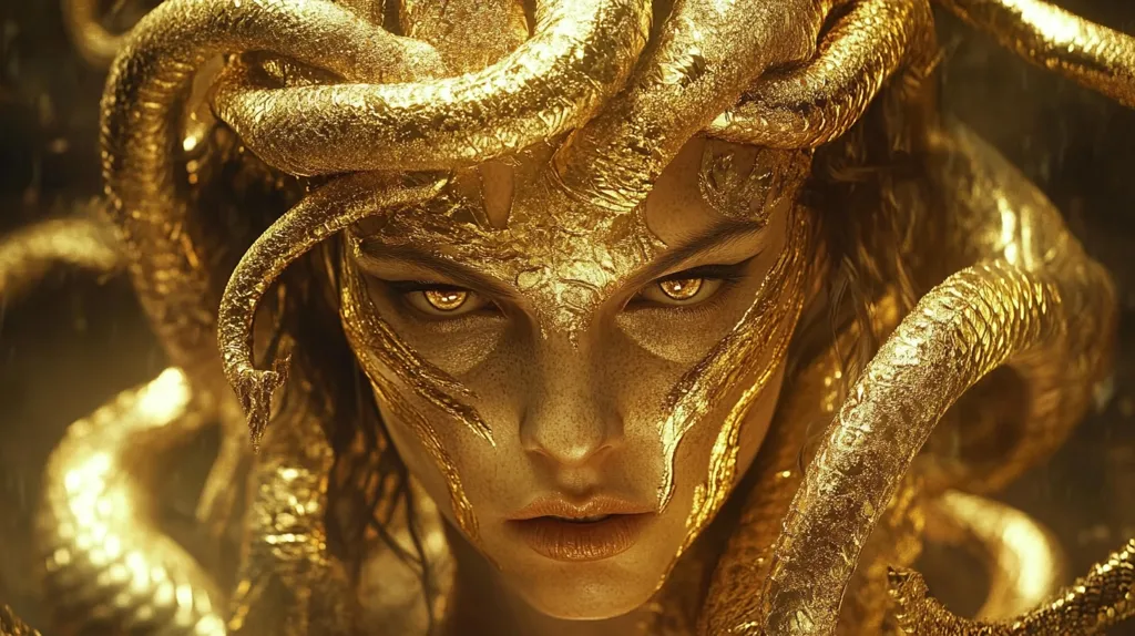 Here's a description of the image:

The image is a close-up portrait of a woman whose face and hair are completely covered in shimmering, gold-toned scales or metallic material.  The scales resemble snakes, forming a serpentine crown and flowing down her face, which is stern and intense. Her eyes are a striking amber or gold, matching the overall color palette. The lighting is dramatic, emphasizing the metallic texture and highlighting the character's powerful gaze. The overall impression is one of a mythical or fantastical creature, possibly a stylized Medusa or similar figure.