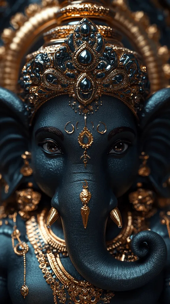 Here's a description of the image:

The image is a close-up of a digitally rendered depiction of Lord Ganesha, the Hindu elephant-headed god.  He is portrayed with a dark teal or blue-gray skin tone, adorned in elaborate gold jewelry.  The gold ornamentation is intricately detailed, featuring jeweled accents that contrast beautifully against the darker hue of his skin.  His eyes are large and expressive, and his trunk is elegantly curled. The overall style is opulent and majestic, showcasing a blend of traditional iconography with a contemporary, almost hyperrealistic, rendering technique.