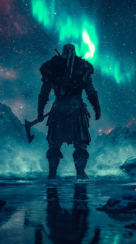 Here's a description of the image:

The artwork depicts a lone Viking warrior, silhouetted against a breathtaking backdrop of a vibrant aurora borealis.  The warrior, clad in furs and wielding an axe, stands on a calm body of water, their reflection mirroring the scene.  Mountains loom in the background, hinting at a cold, perhaps mountainous landscape. The sky is filled with swirling teal and purple lights from the aurora, creating a dramatic and mystical atmosphere. Snow gently falls, adding to the ethereal quality of the scene. The overall mood is one of solitude, strength, and magical wonder.