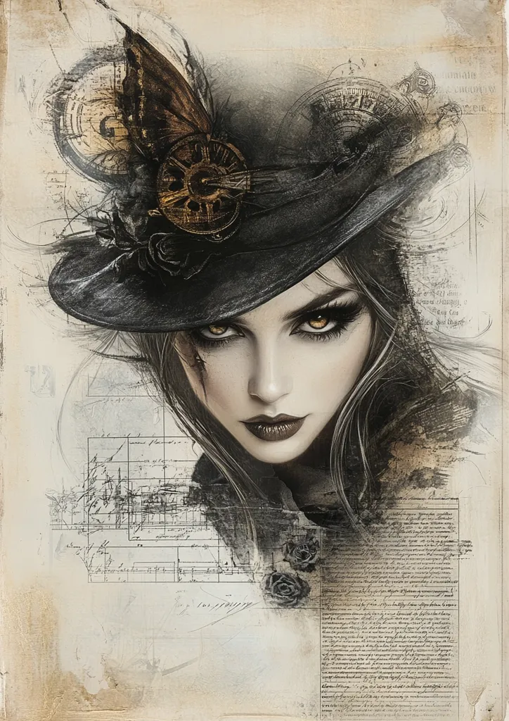 A captivating portrait of a woman, rendered in a steampunk aesthetic. She wears a wide-brimmed hat adorned with a metallic gear and butterfly wing detail. Her intense gaze and dark makeup emphasize her mysterious allure. The background is a collage of aged parchment, musical notation, and intricate sketches, contributing to the artwork's Victorian and slightly gothic feel. The overall effect is a blend of fantasy and artistry.