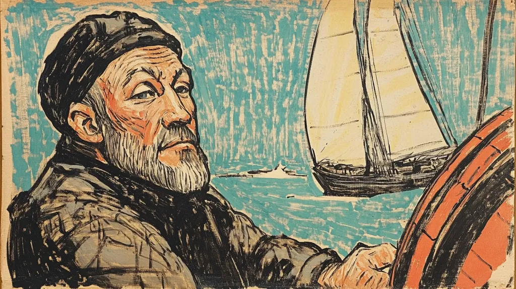 The painting depicts a close-up portrait of an older man with a weathered face and a dark cap, possibly a sailor. His expression is serious and contemplative. He appears to be at the helm of a ship, as a portion of a wooden wheel is visible in the bottom right corner, and a sailboat is seen in the background on a teal-colored sea. The artist uses bold strokes and contrasting colors in an expressive style, emphasizing the texture of the man’s clothes and the sea. The overall mood is one of quiet strength and experience.