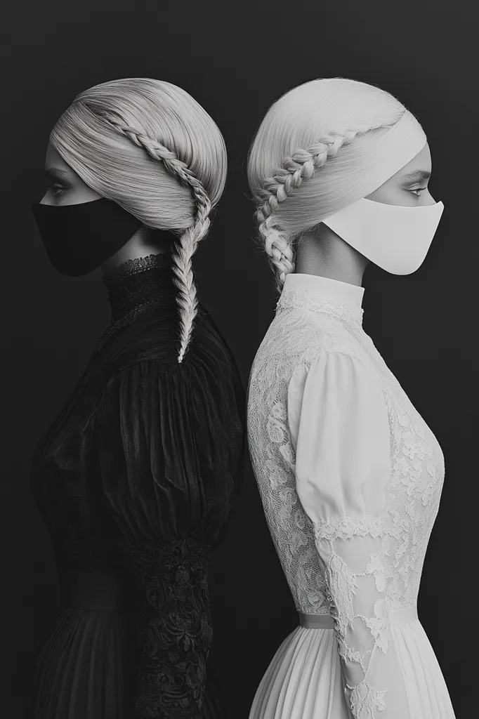 Here's a description of the image:

The monochromatic photograph showcases two women, positioned back-to-back, against a stark dark background. Both women sport identical braided hairstyles and face masks, though the masks differ in color; one is black, the other white.  Their attire is equally contrasting; one dons a dark, seemingly velvet, long-sleeved gown with intricate lace detailing, while the other wears a flowing white lace dress, suggesting a duality or contrasting personalities. The image's stark simplicity emphasizes the visual dichotomy.