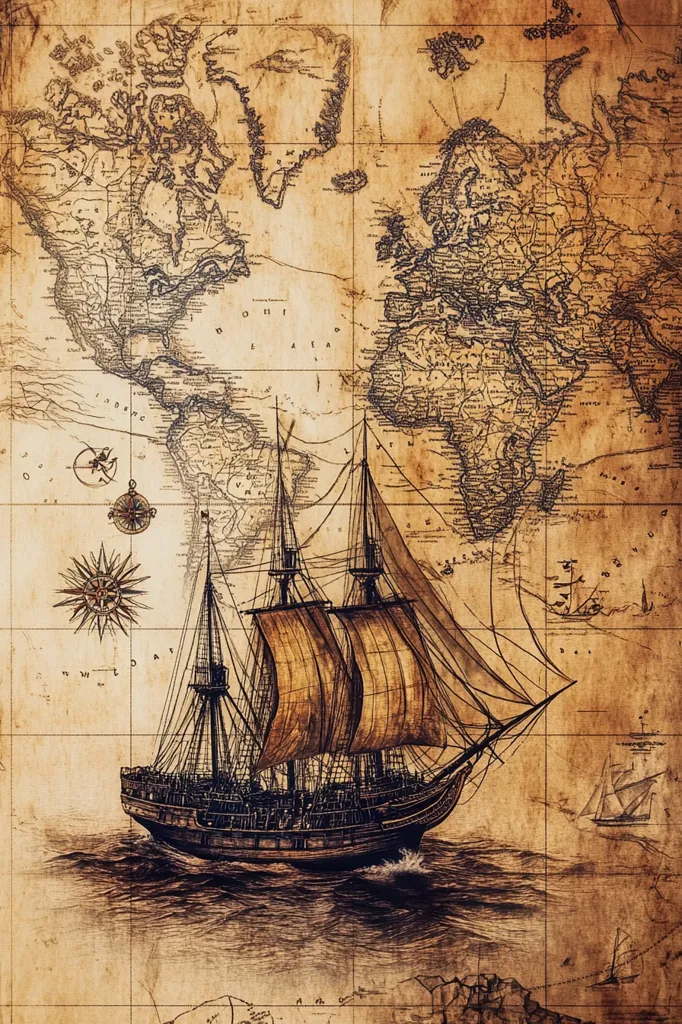 Here's a description of the image:

The image depicts a meticulously detailed drawing of a three-masted sailing ship set against a backdrop of an antique world map.  The ship, rendered in sepia tones, appears to be a historical vessel, possibly from the Age of Exploration.  The map itself is aged and worn, suggesting antiquity, with visible creases and discoloration.  A compass rose and smaller navigational drawings are interspersed on the map, adding to the nautical theme. The overall effect evokes a sense of history, adventure, and the romance of seafaring exploration.