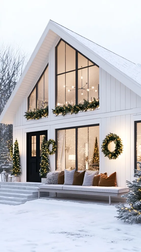 A snow-covered modern farmhouse is beautifully decorated for Christmas.  Large windows showcase a bright interior, adorned with garland and a stylish chandelier.  Two illuminated Christmas trees flank the black front door, complemented by wreaths on either side.  A long bench with plush cushions sits on the porch, welcoming guests. The overall aesthetic is clean, minimalist, and festive.