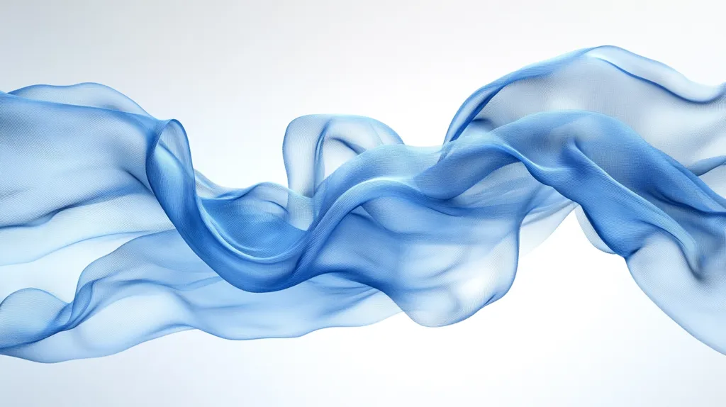 Here's a description of the image:

The image shows a flowing, translucent piece of light blue fabric against a white background. The fabric is draped and folded in a dynamic, wave-like pattern, creating a sense of movement and lightness.  Its semi-transparent nature allows the background to subtly show through, enhancing the ethereal quality. The overall effect is one of elegance, fluidity, and serenity.