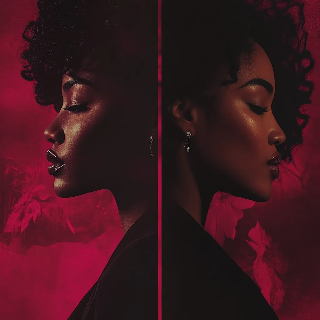 Here's a description of the image:

The image is a stylized portrait of a Black woman, seemingly split down the middle into two identical profiles.  She has voluminous, dark curly hair and is depicted in profile, facing left on one side and right on the other.  Her skin is dark and subtly highlighted, and she wears delicate earrings. The background is a deep, crimson red with indistinct floral or abstract shapes.  The overall mood is dramatic and intense, enhanced by the dark clothing and contrasting red backdrop. The vertical split creates a mirrored effect, emphasizing the subject's symmetry and strength.