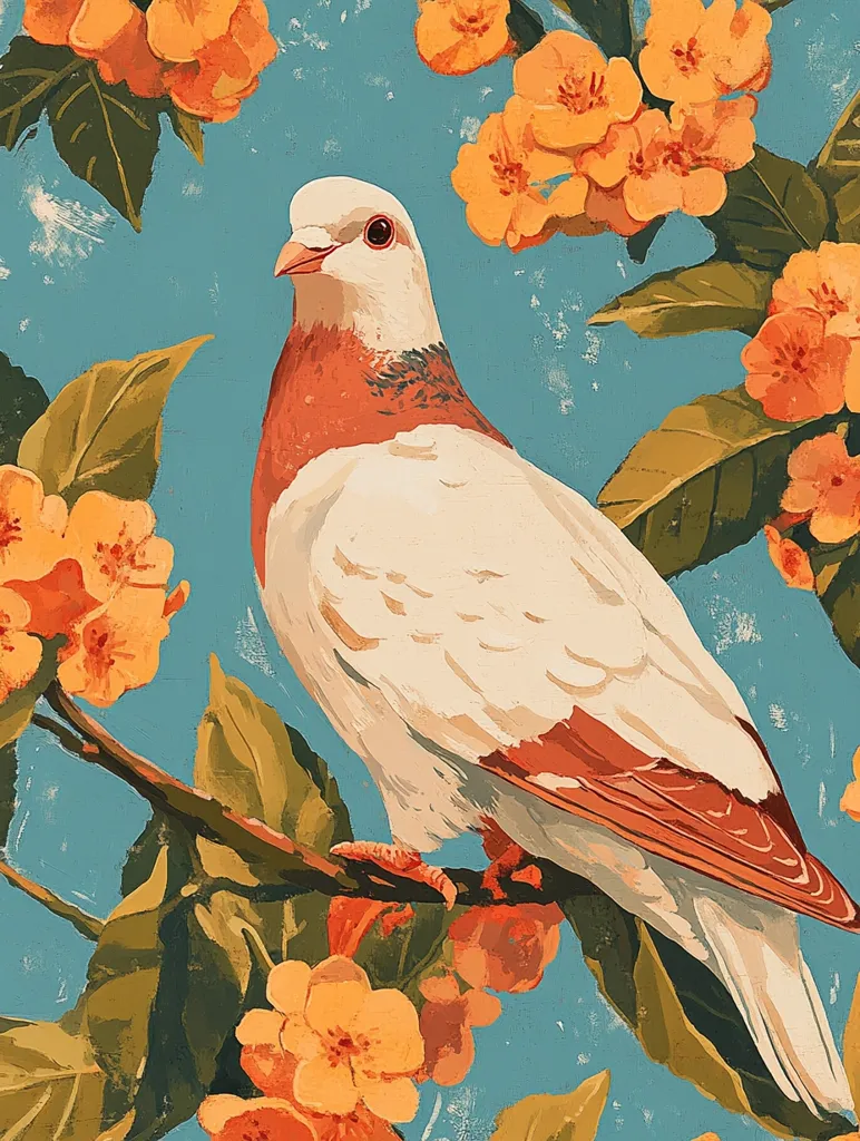 Here's a description of the image:

The artwork depicts a stylized pigeon perched on a branch laden with vibrant orange blossoms. The pigeon's plumage is predominantly white, with reddish-orange accents on its breast and tail. The background is a pastel blue, providing a tranquil contrast to the warm tones of the flowers and bird. The painting style is reminiscent of vintage botanical illustrations or paint-by-numbers art, with slightly textured brushstrokes and a focus on bold colors. The overall mood is peaceful and serene, highlighting the beauty of the bird and its floral surroundings.
