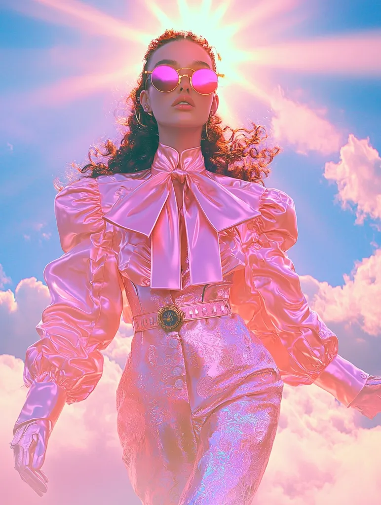 A digitally rendered image portrays a woman with curly auburn hair, wearing a shimmering pink satin outfit.  The outfit features a voluminous blouse with large puffed sleeves and a matching high-waisted pantsuit. A large pink bow adorns the neckline, and a gold belt cinches her waist.  She wears pink-lensed sunglasses and appears to be floating amidst a dreamy, pastel sky filled with fluffy clouds, bathed in a sunlit, ethereal glow.  The overall style is reminiscent of 1980s fashion with a modern, surreal twist.