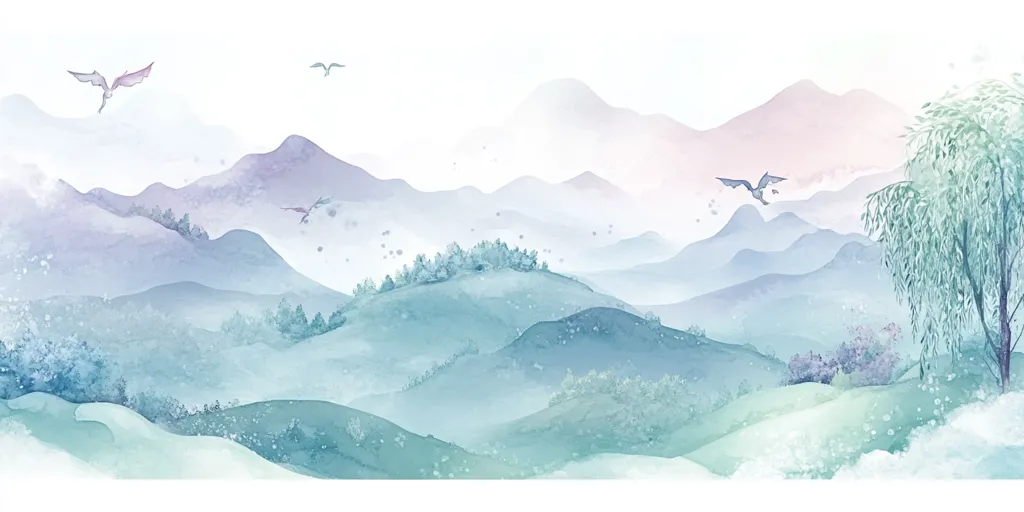 Here's a description of the image:

The image is a watercolor painting depicting a serene, misty mountain landscape. Soft, pastel shades of blue, purple, and green dominate the scene. Rolling hills and mountains fade into a hazy background, suggesting depth and distance.  Small, delicate birds are scattered across the sky, adding to the peaceful atmosphere. A willow tree stands prominently on the right, its branches gracefully drooping. The overall style evokes a sense of calm and tranquility, reminiscent of East Asian landscape painting.