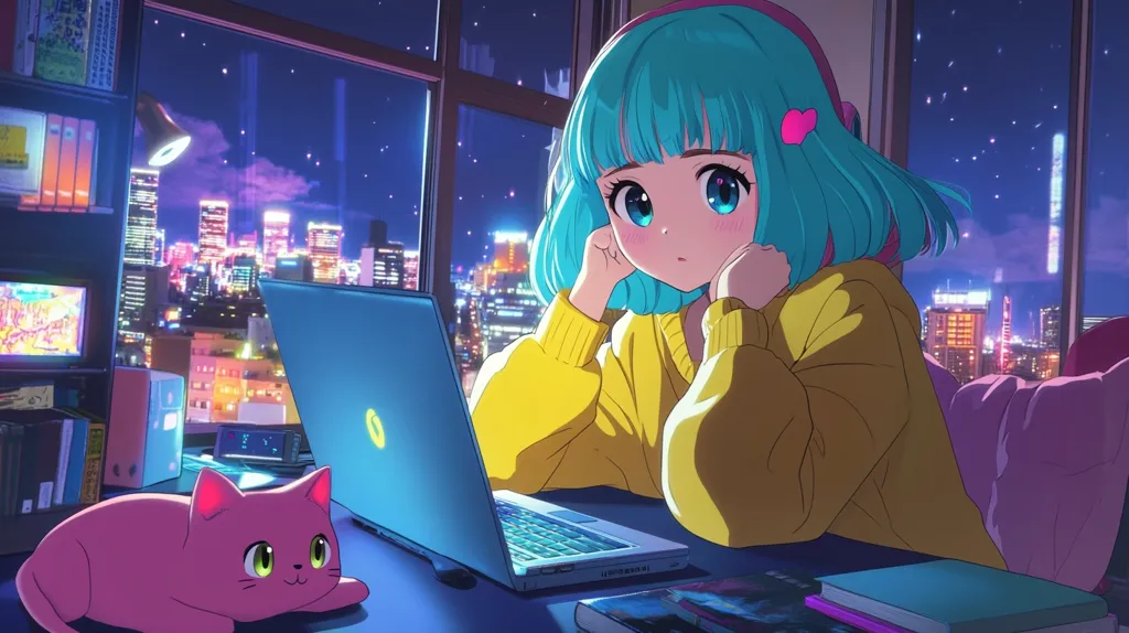 Here's a description of the image:

The illustration depicts an anime-style girl with vibrant teal hair, wearing a yellow sweater, seated at a desk in front of a laptop.  She's gazing pensively out a large window overlooking a glittering, nighttime cityscape. A pink cat rests peacefully beside her.  The room is cozy, with bookshelves and a desk lamp visible, suggesting a home workspace. The overall aesthetic is dreamy and evocative of a peaceful, late-night setting. The color palette is rich with purples, blues, and yellows, creating a captivating atmosphere.