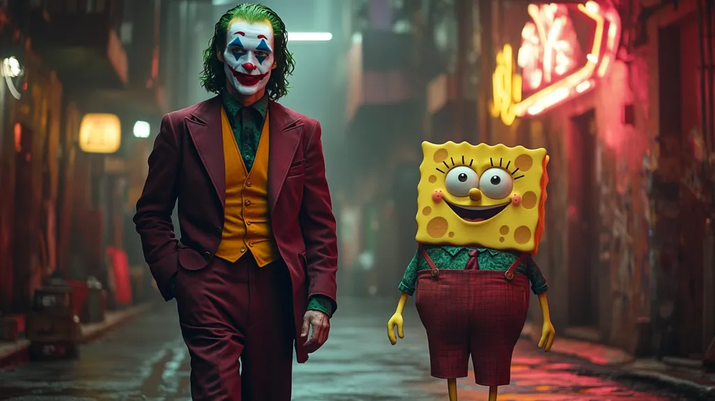 The image shows a striking juxtaposition: the Joker from Todd Phillips' film, in his iconic red suit and makeup, walking down a dimly lit alley alongside a surprisingly realistic SpongeBob SquarePants figure.  SpongeBob, in red overalls, looks surprisingly out of place yet strangely fitting in this dark, gritty urban setting.  Neon signs illuminate the background, enhancing the contrast between the sinister Joker and the cheerful cartoon character. The overall effect is surreal and intriguing.