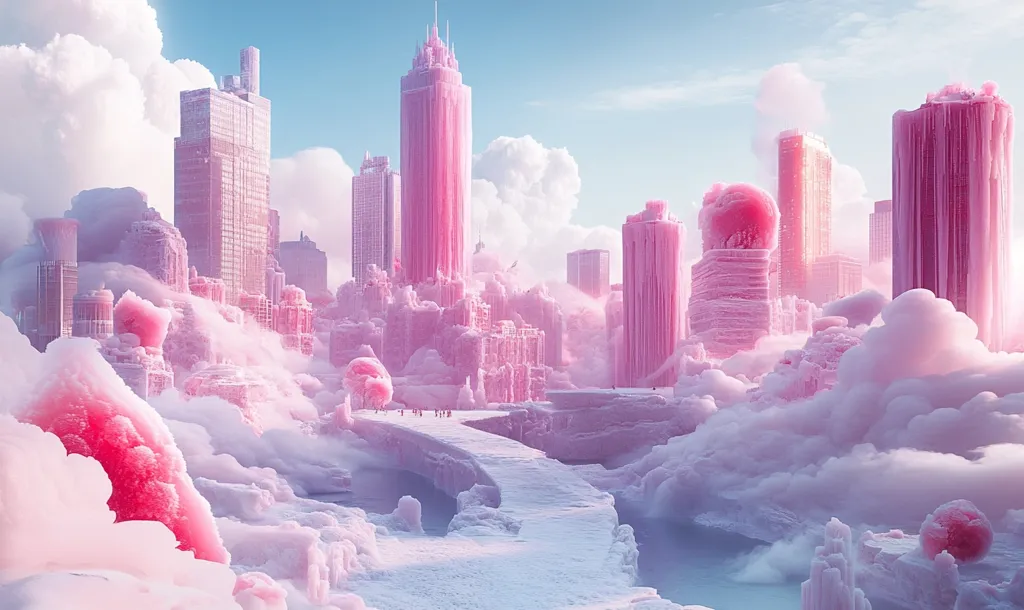A surreal cityscape, rendered in shades of pink and white, floats amidst fluffy clouds.  Tall buildings, seemingly frozen or made of ice, rise from a landscape of swirling, cotton-candy-like formations.  A path winds through the clouds, leading towards the distant structures.  The overall aesthetic is dreamlike and fantastical, with a soft, almost ethereal quality.  Small figures are barely visible, adding a sense of scale to the immense, candy-colored structures.