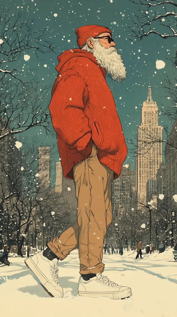 A stylishly dressed older man, possibly Santa Claus, strolls through a snow-covered city park. He wears a vibrant red knitted sweater, beige trousers, white sneakers, and sunglasses under a matching beanie.  His long white beard is prominent. The backdrop features a snowy cityscape with tall buildings, including a skyscraper reminiscent of the Empire State Building.  The scene is rendered in a detailed, almost vintage illustration style.  Snow gently falls, adding to the serene winter atmosphere.