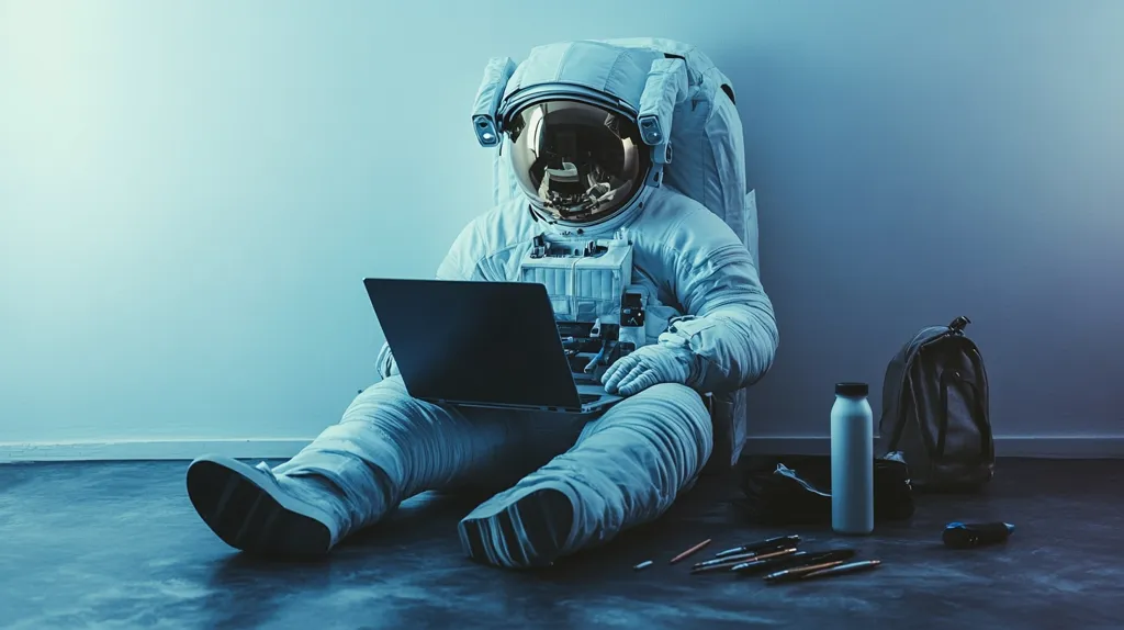 An astronaut, in a full spacesuit, sits on a floor against a pale blue wall.  They are using a laptop computer, which rests on their lap.  Beside them sits a backpack, a water bottle, and a collection of pens and pencils. The scene is bathed in cool, blue lighting, creating a futuristic, somewhat solitary atmosphere. The overall impression is one of quiet work or contemplation in an unusual setting.