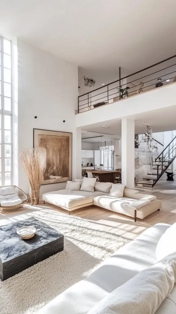 Here's a description of the image:

The photo shows a bright, minimalist living room with high ceilings and a modern, open floor plan.  A large, low-slung sectional sofa in creamy beige dominates the space, facing a substantial dark grey square coffee table on a fluffy white rug. Natural light floods the room from a large window, illuminating the neutral color palette and casting soft shadows.  A mezzanine level with a metal railing is visible above, overlooking the living area.  A large, abstract painting hangs on the wall, and dried floral arrangements add a touch of texture.  The overall aesthetic is serene and sophisticated.